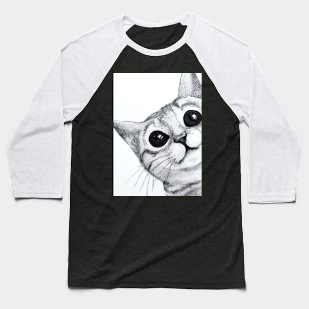 Cute Cat Drawing Baseball T-Shirt by maxcode